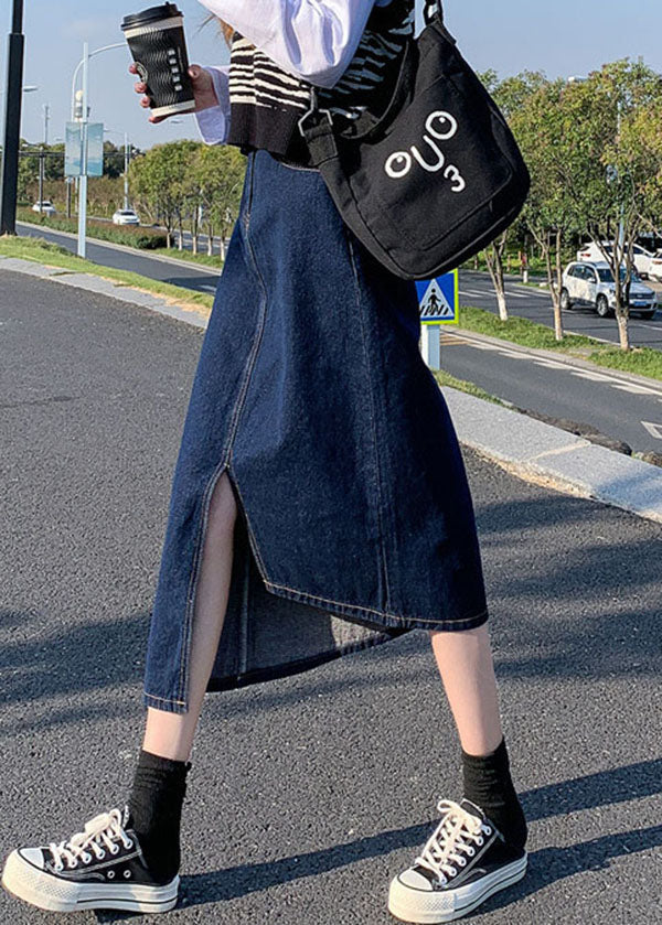 Navy Asymmetrical Wrap Denim Skirt