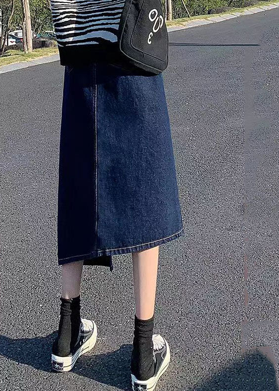 Navy Asymmetrical Wrap Denim Skirt