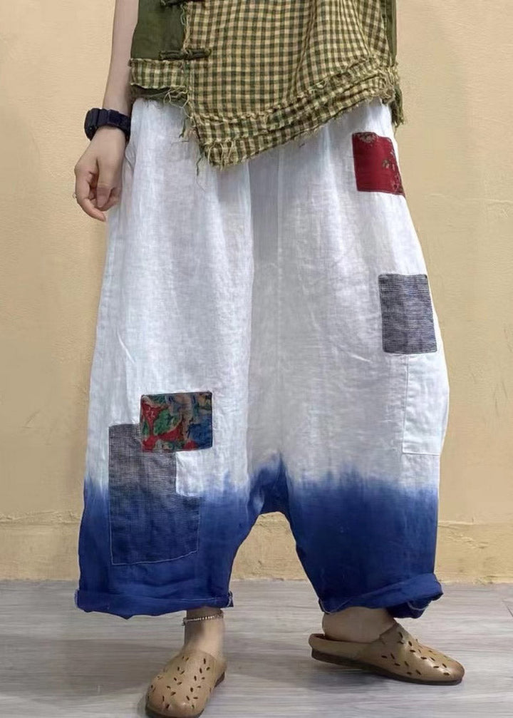 Elegante weiße Taschen Patchwork elastische Taille Farbverlauf Leinenhose Sommer