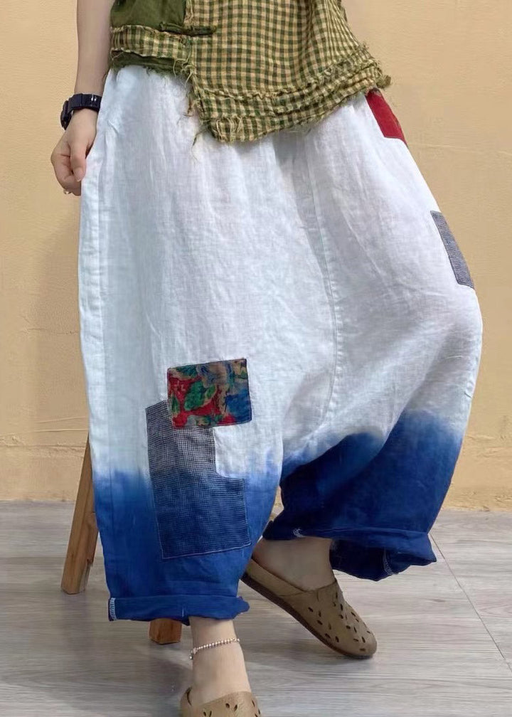 Elegante weiße Taschen Patchwork elastische Taille Farbverlauf Leinenhose Sommer