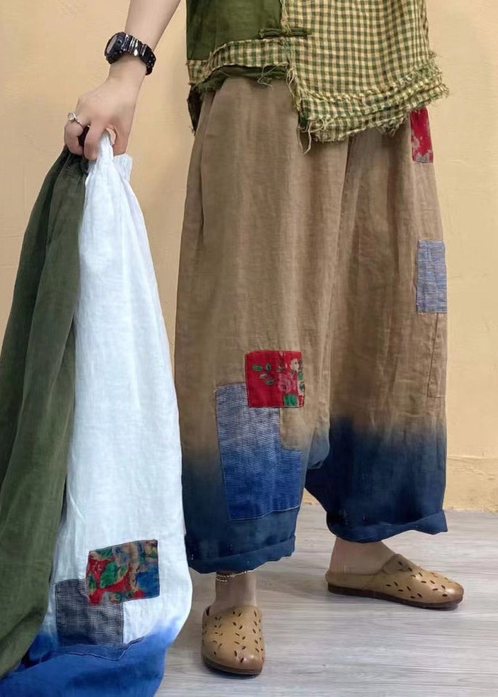 Elegante weiße Taschen Patchwork elastische Taille Farbverlauf Leinenhose Sommer