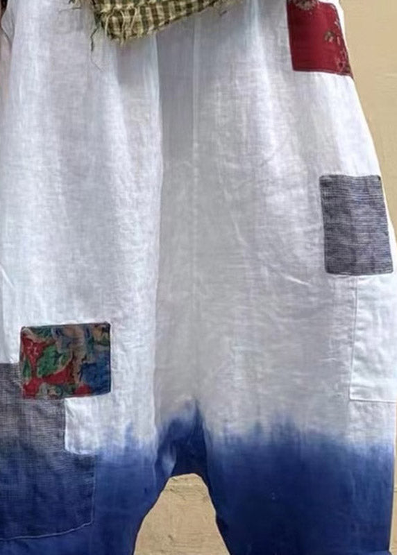 Elegante weiße Taschen Patchwork elastische Taille Farbverlauf Leinenhose Sommer