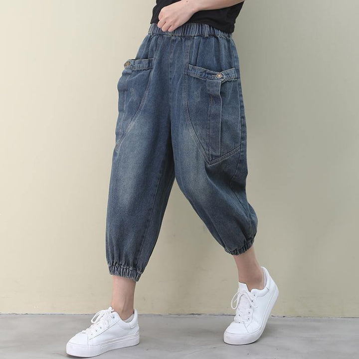 Elegant Dark Blue Pants with Summer Pockets Cotton Shorts