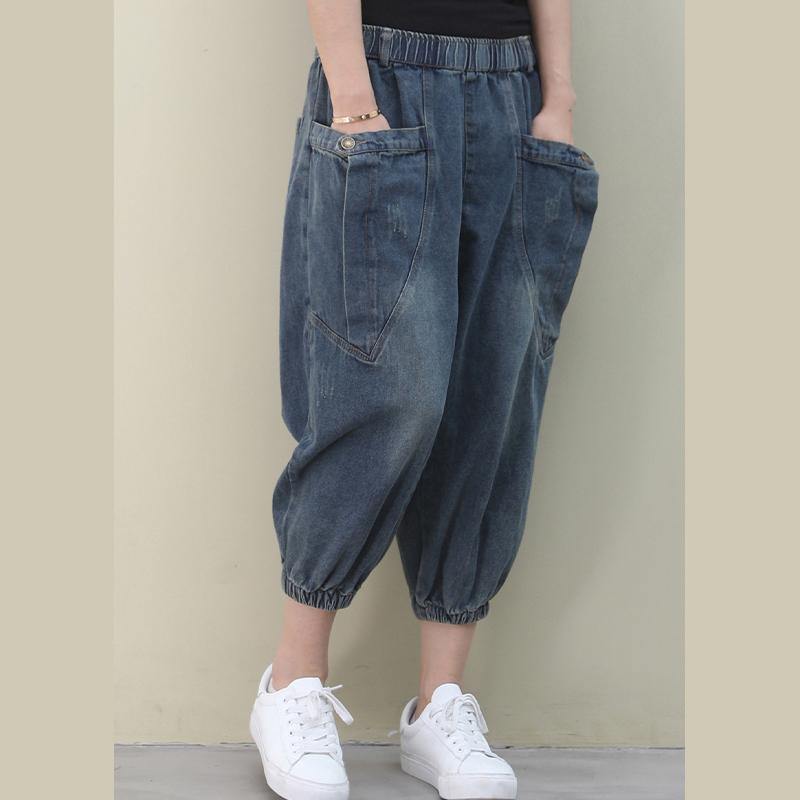 Elegant Dark Blue Pants with Summer Pockets Cotton Shorts