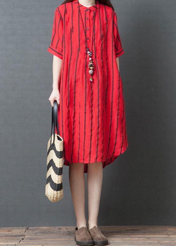 Elegant red striped cotton tunic dress with stand-up collar, loose summer dresses