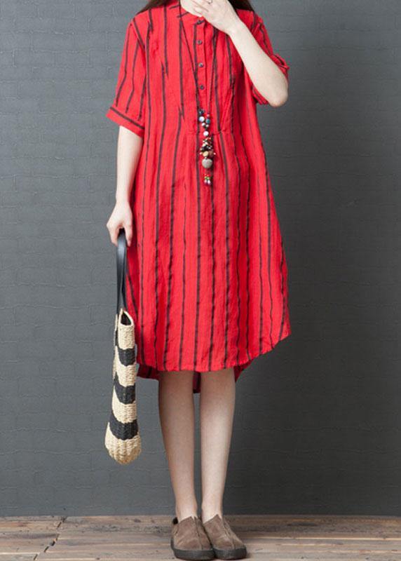 Elegant red striped cotton tunic dress with stand-up collar, loose summer dresses