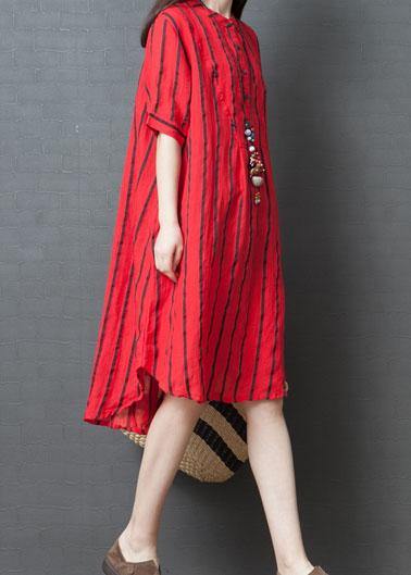 Elegant red striped cotton tunic dress with stand-up collar, loose summer dresses