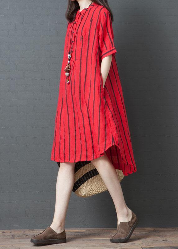 Elegant red striped cotton tunic dress with stand-up collar, loose summer dresses