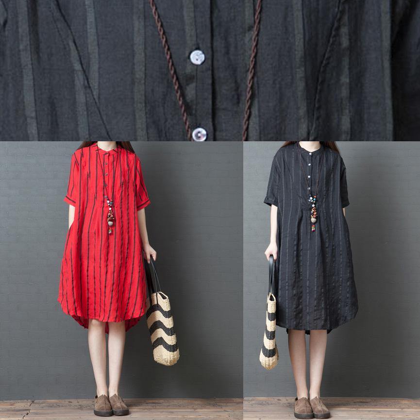 Elegant red striped cotton tunic dress with stand-up collar, loose summer dresses