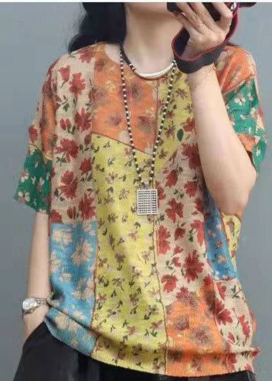Elegant Printed O-Neck Cotton Top with Short Sleeves