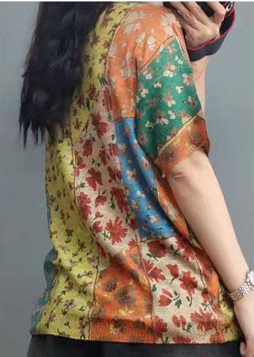 Elegant Printed O-Neck Cotton Top with Short Sleeves