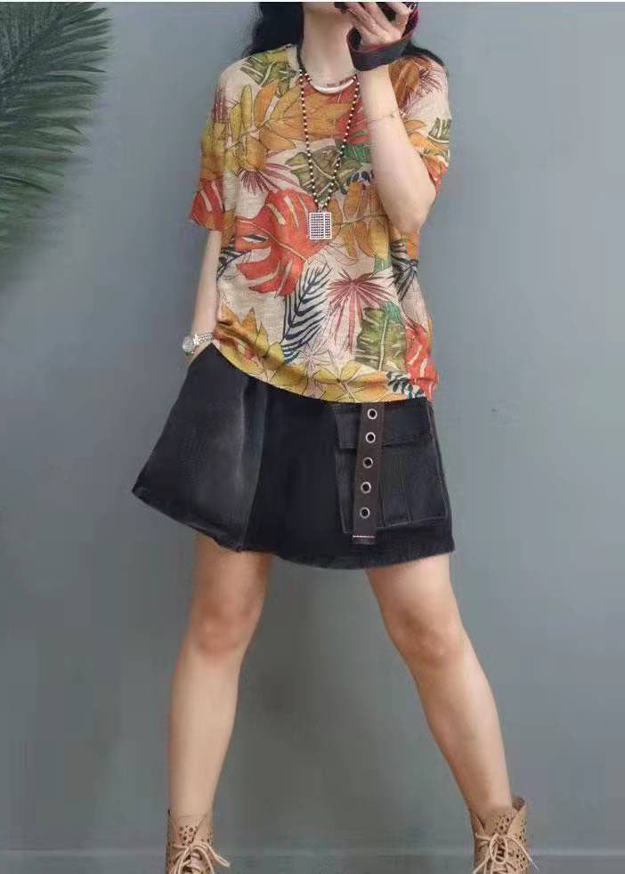 Elegant Printed O-Neck Cotton Top with Short Sleeves