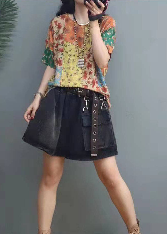 Elegant Printed O-Neck Cotton Top with Short Sleeves