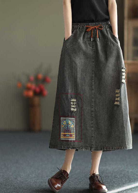 Black Embroidered Ripped Side-Open Skirt