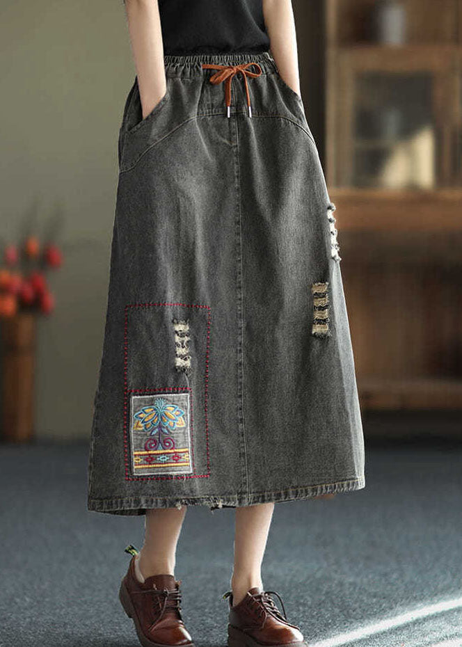 Black Embroidered Ripped Side-Open Skirt