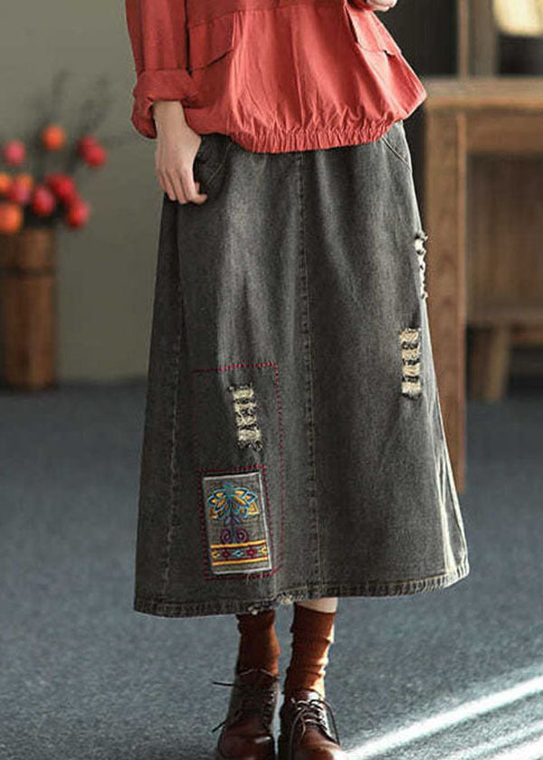 Black Embroidered Ripped Side-Open Skirt