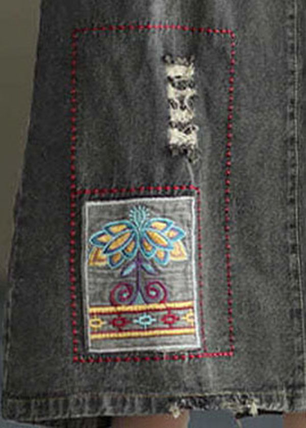 Black Embroidered Ripped Side-Open Skirt