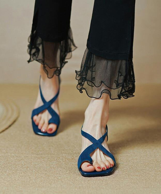 Fashion Blue Cross Strap Splicing Chunky Genuine Suede Surface Sandals