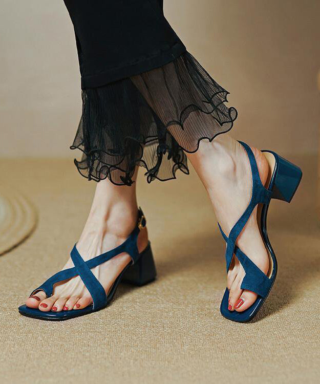 Fashion Blue Cross Strap Splicing Chunky Genuine Suede Surface Sandals