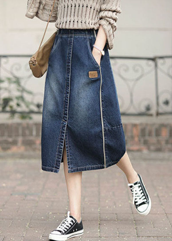 Blue High Waist Patchwork Side-Open Skirt