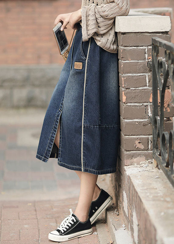 Blue High Waist Patchwork Side-Open Skirt