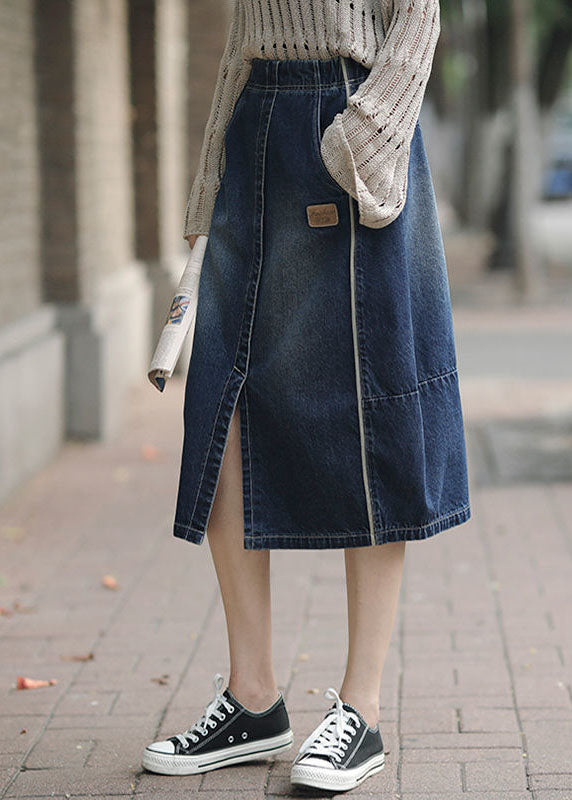 Blue High Waist Patchwork Side-Open Skirt