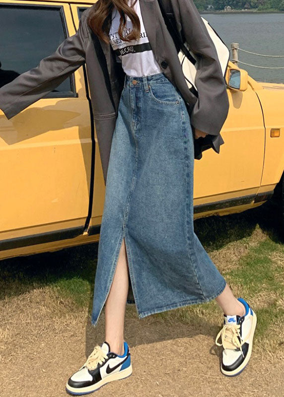Blue High Waist Side-Open A-Line Skirt