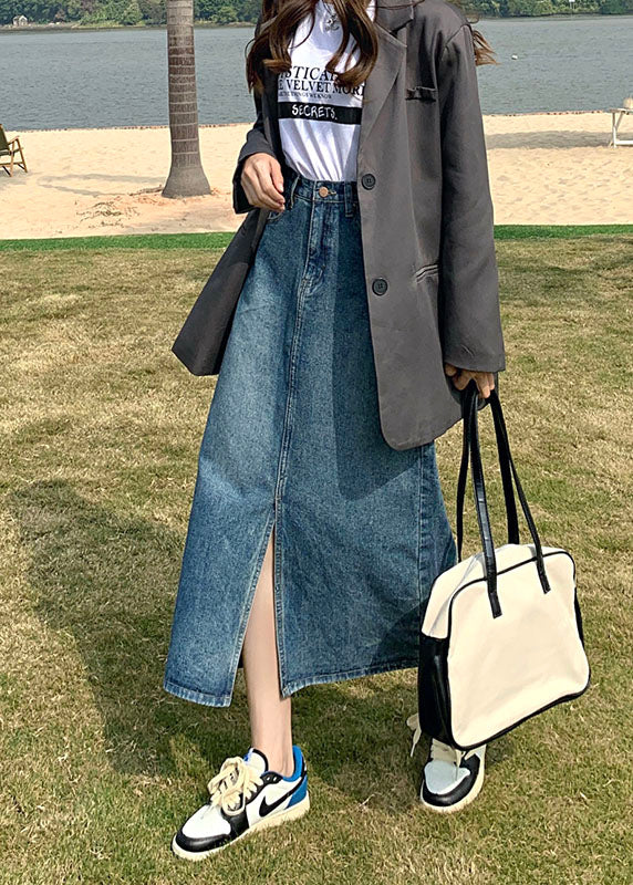 Blue High Waist Side-Open A-Line Skirt