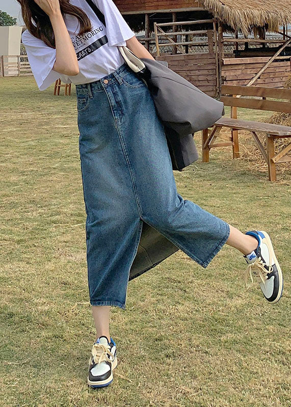 Blue High Waist Side-Open A-Line Skirt