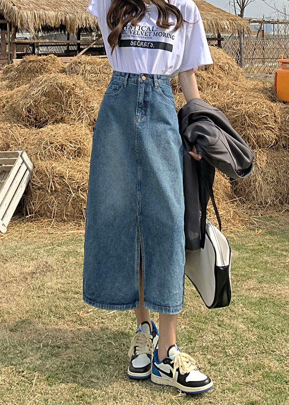 Blue High Waist Side-Open A-Line Skirt