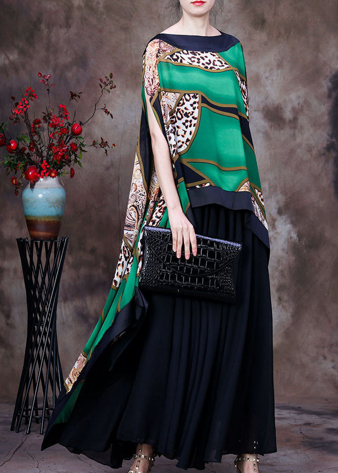 Fashion Green Leopard Print Low High Design Chiffon UPF 50+ Top Batwing Sleeves