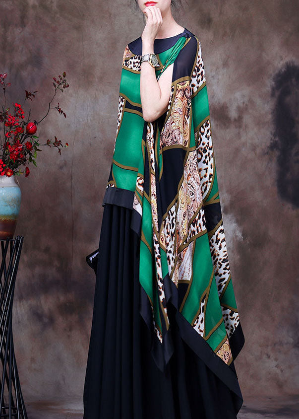 Fashion Green Leopard Print Low High Design Chiffon UPF 50+ Top Batwing Sleeves