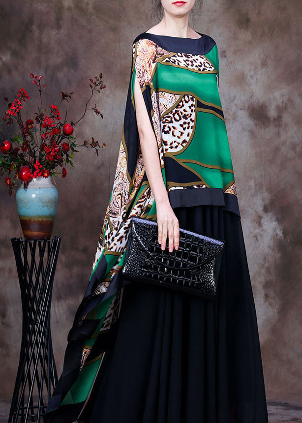 Fashion Green Leopard Print Low High Design Chiffon UPF 50+ Top Batwing Sleeves