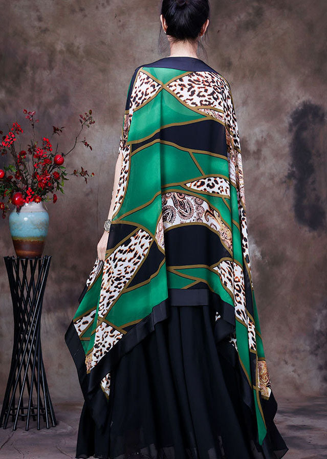 Fashion Green Leopard Print Low High Design Chiffon UPF 50+ Top Batwing Sleeves