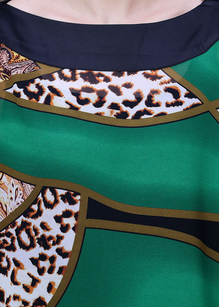 Fashion Green Leopard Print Low High Design Chiffon UPF 50+ Top Batwing Sleeves
