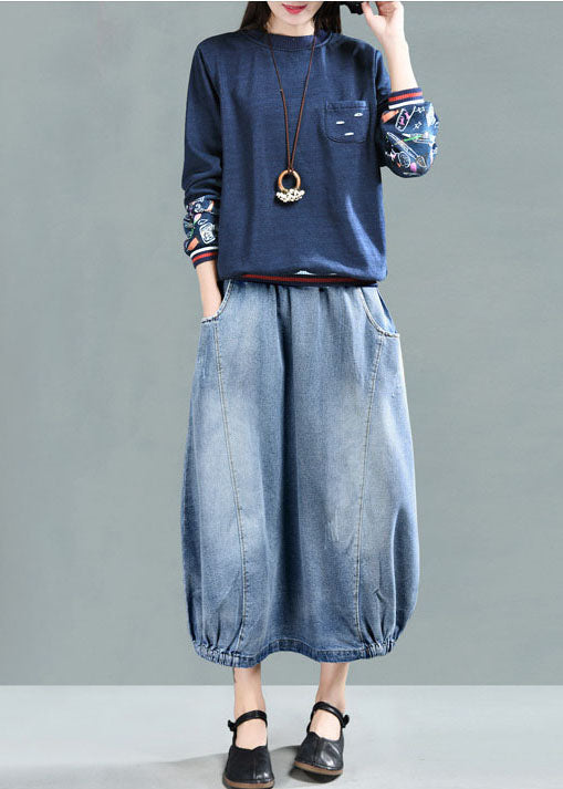 Light Blue Elastic Waist Denim Skirt
