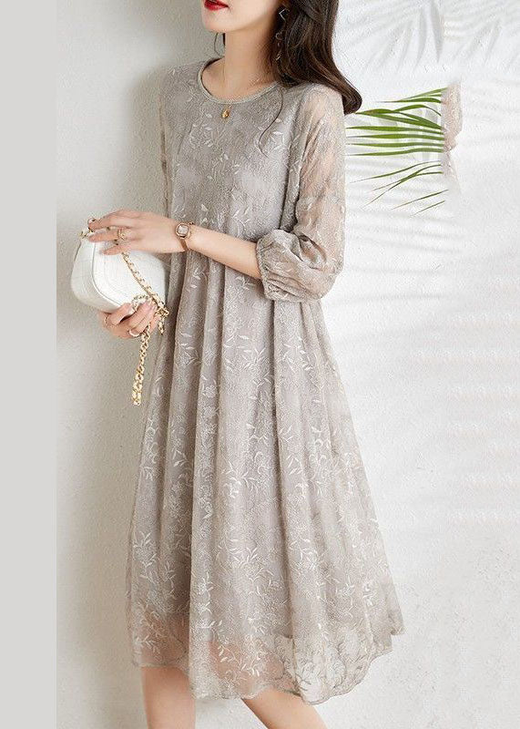 Fashion Light Grey Cinched Embroidered Chiffon Vacation Dresses with Three-Quarter Sleeves