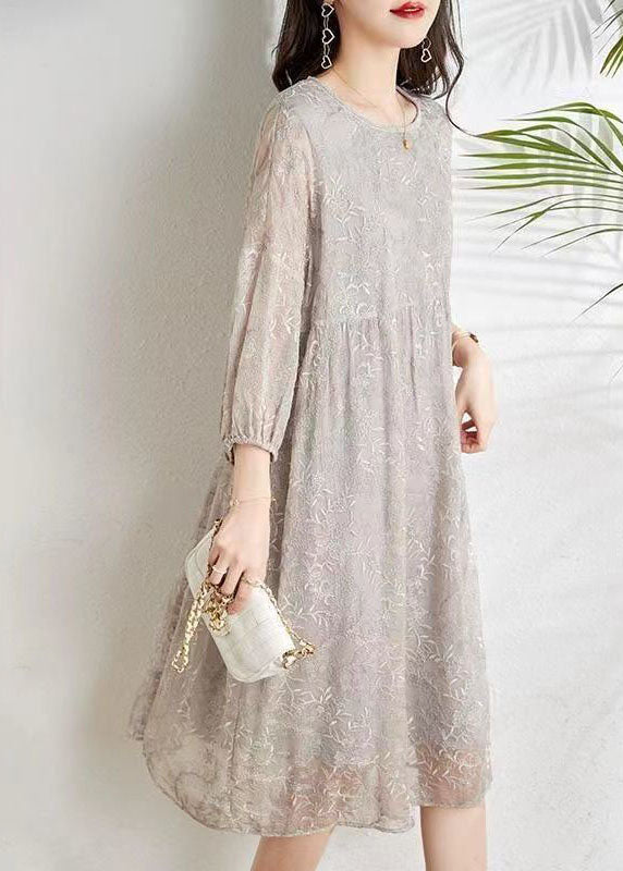 Fashion Light Grey Cinched Embroidered Chiffon Vacation Dresses with Three-Quarter Sleeves