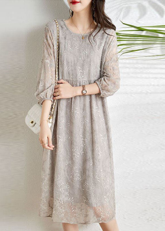 Fashion Light Grey Cinched Embroidered Chiffon Vacation Dresses with Three-Quarter Sleeves