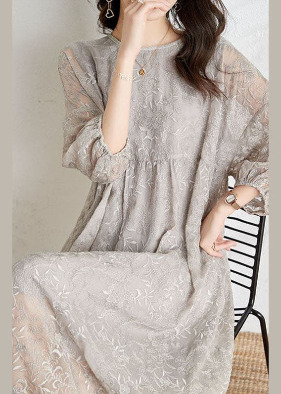 Fashion Light Grey Cinched Embroidered Chiffon Vacation Dresses with Three-Quarter Sleeves