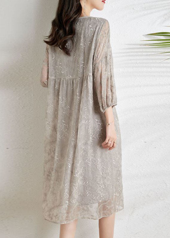 Fashion Light Grey Cinched Embroidered Chiffon Vacation Dresses with Three-Quarter Sleeves