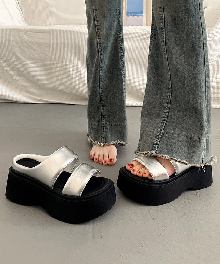 Silver Platform Peep Toe Slide Sandals