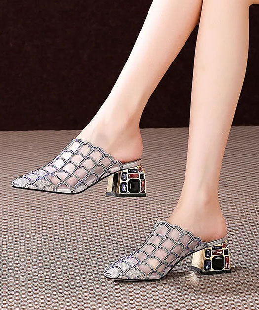 Silver Tulle Zircon Chunky Slide Sandals