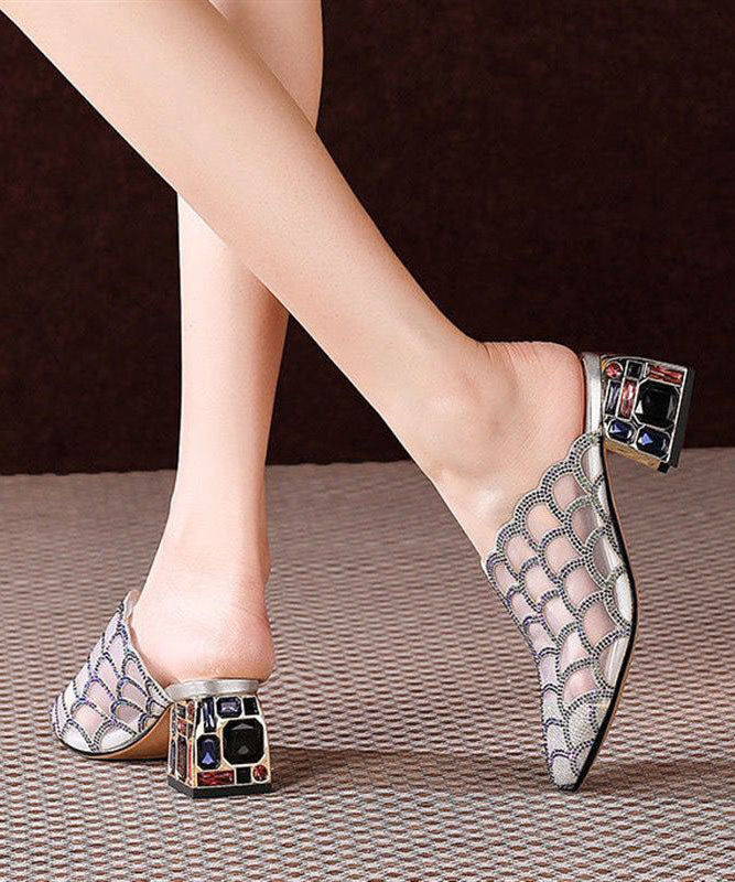 Silver Tulle Zircon Chunky Slide Sandals