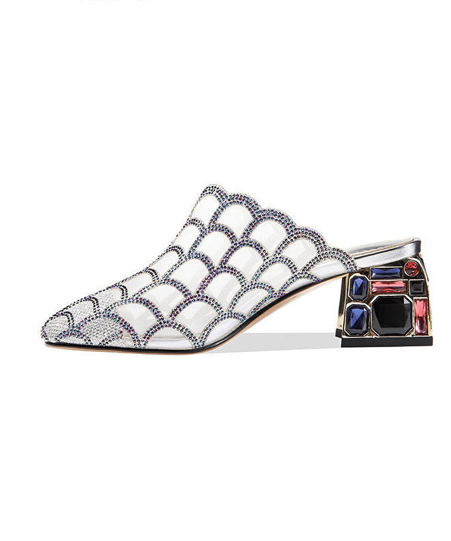Silver Tulle Zircon Chunky Slide Sandals