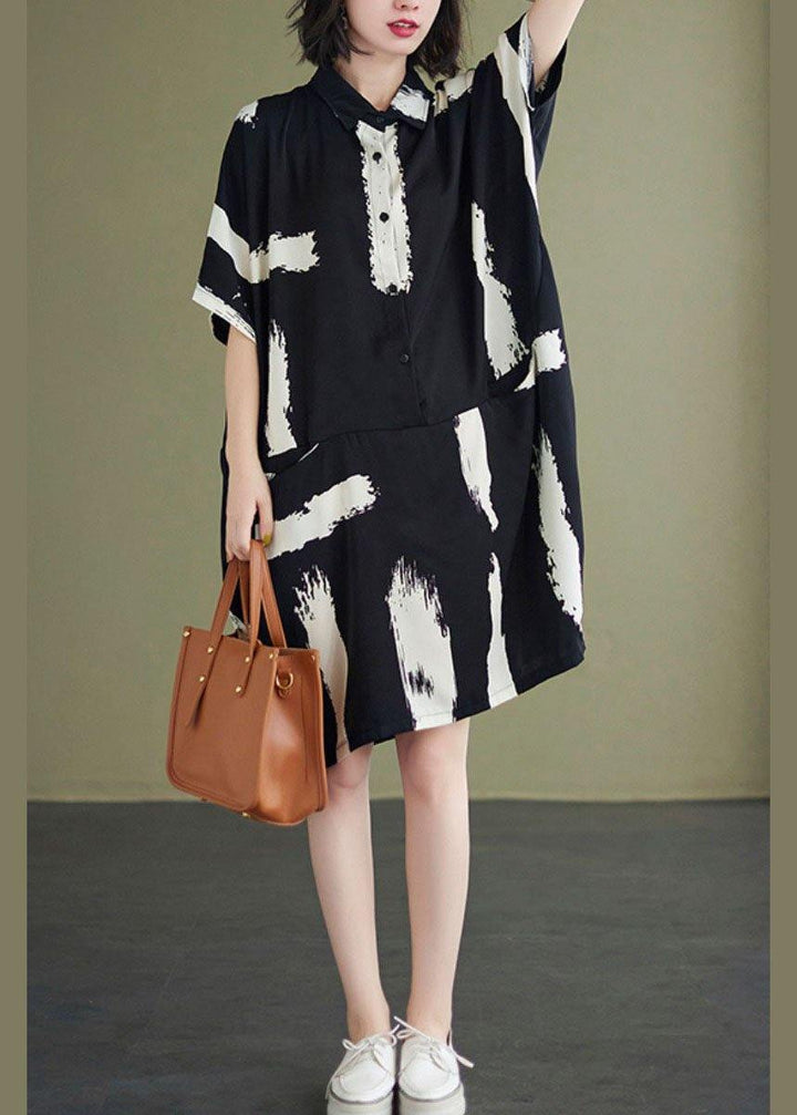Fitted Peter Pan collar dress with black print, button pockets, summer party dresses, half sleeves