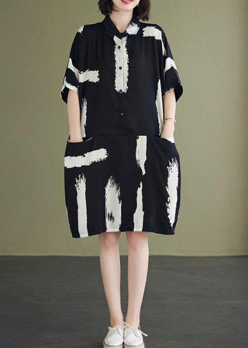 Fitted Peter Pan collar dress with black print, button pockets, summer party dresses, half sleeves