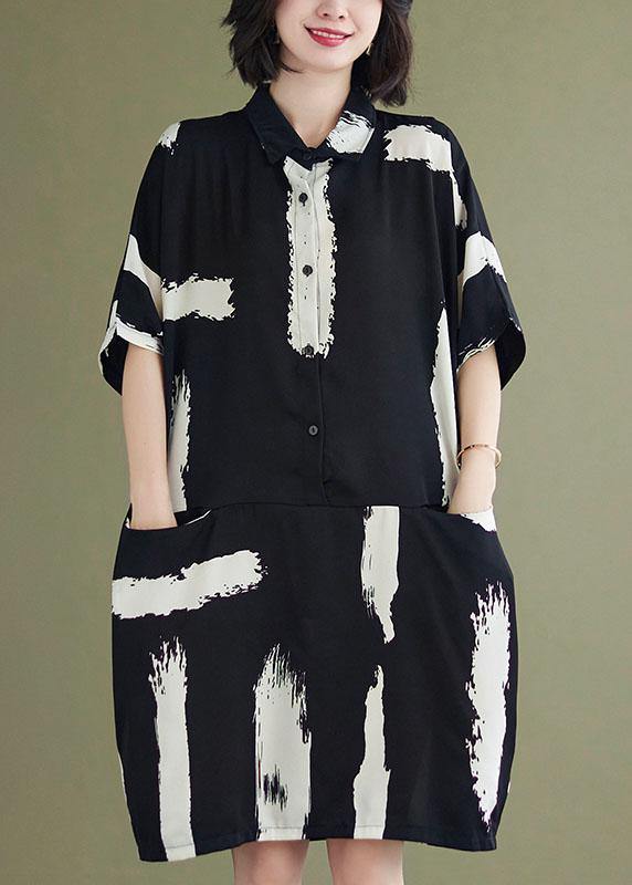Fitted Peter Pan collar dress with black print, button pockets, summer party dresses, half sleeves