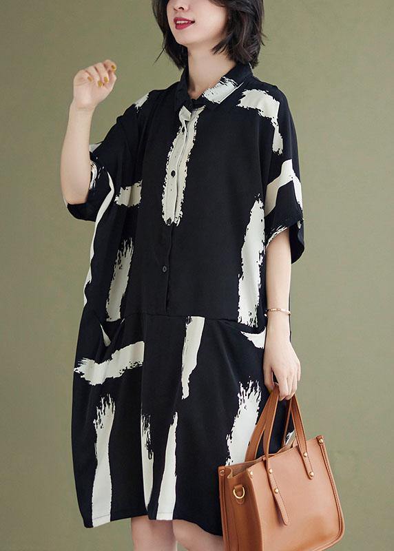Fitted Peter Pan collar dress with black print, button pockets, summer party dresses, half sleeves