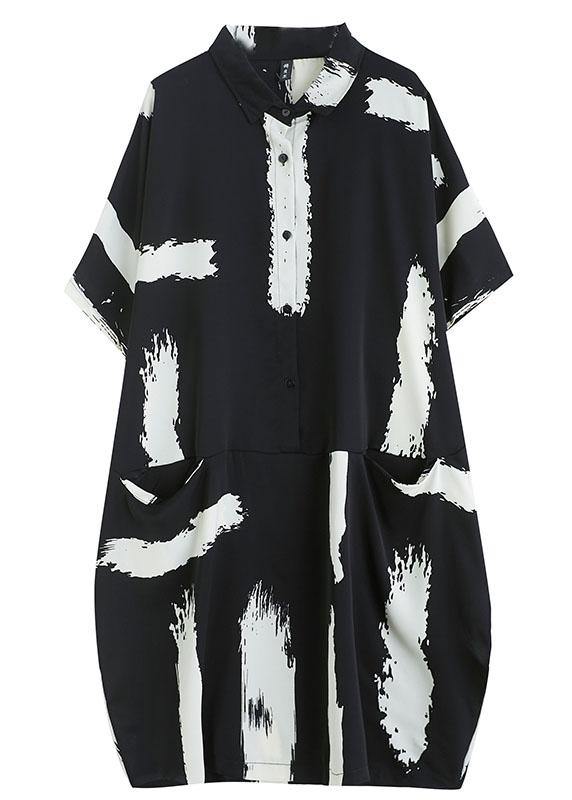 Fitted Peter Pan collar dress with black print, button pockets, summer party dresses, half sleeves